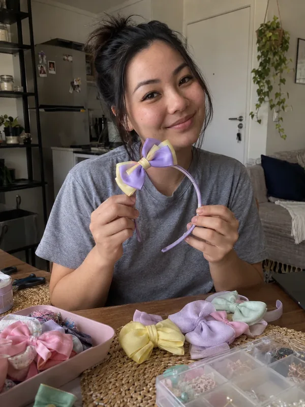 Aluna mostrando seus laços em casa