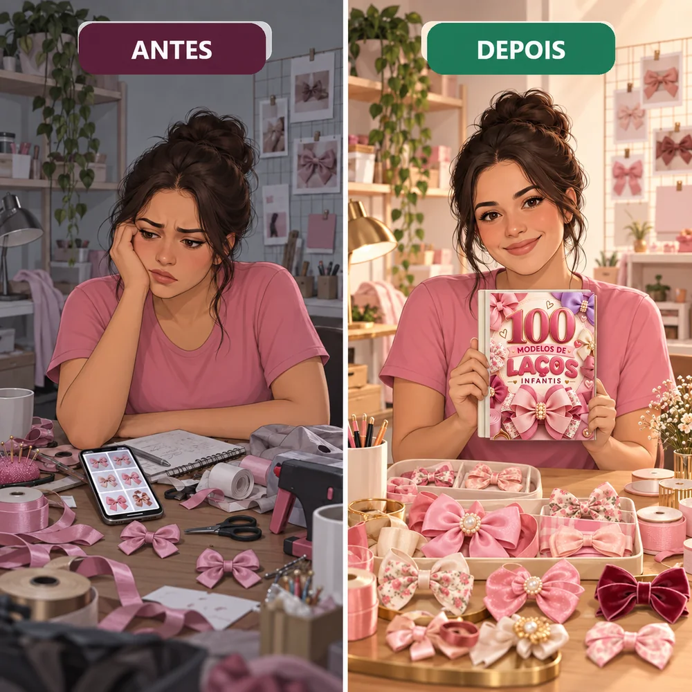 Comparação da rotina sem e com os 100 Modelos de Laços Infantis