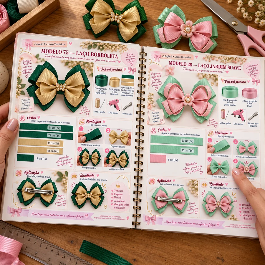 Caderno aberto com duas páginas reais dos modelos de laços